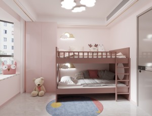 女儿房采用粉色调，整体显得温馨，上下床的设计也更实用，后期孩子大了换成单人床也方便。