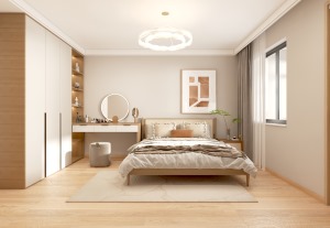空间采用原木色系，木质的地板增加质感，整体显得温馨。