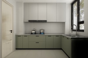 厨房空间设计了“L”形橱柜，最大限度地增加操作面积。白色大理石的台面搭配淡绿灰的地柜，雅致干净