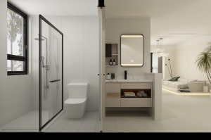 灰色墙砖突显出了整个空间的高级感，浴室柜乳白色木纹搭配金属元素，简约而轻奢。