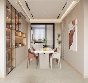 设计搭配白色餐桌，旁边餐边柜+玻璃柜设计，更好的营造家庭氛围感，让空间更有淡雅精致的现代时尚感。