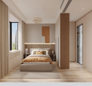 以淺色為基調的臥室空間，營造出優雅柔和的睡眠環境，主臥保留飄窗，鋪上軟墊當做休閑區。