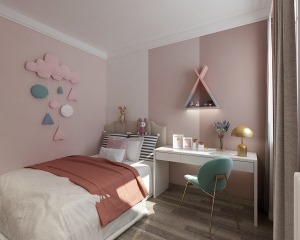 次卧作为孩子房间，以暖粉色为主，旁边的书桌作为学习空间也合适。