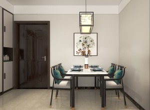 餐厅新中式的餐桌椅，搭配中加入了软质的墨绿色靠枕与客厅的色调相呼应，这种舒适惬意的家具