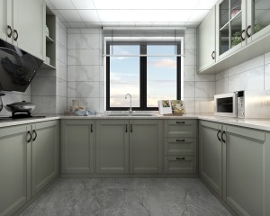 厨房的设计是U字型的，从户型上空间利用最大化，储物的地方变多了，对于电器以内嵌的形式也节省了空间