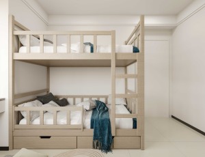 儿童房：两个小朋友采用高低床设计，户型特点原因书桌放在靠窗位置，天然的半封闭小空间有着安静的学习环境