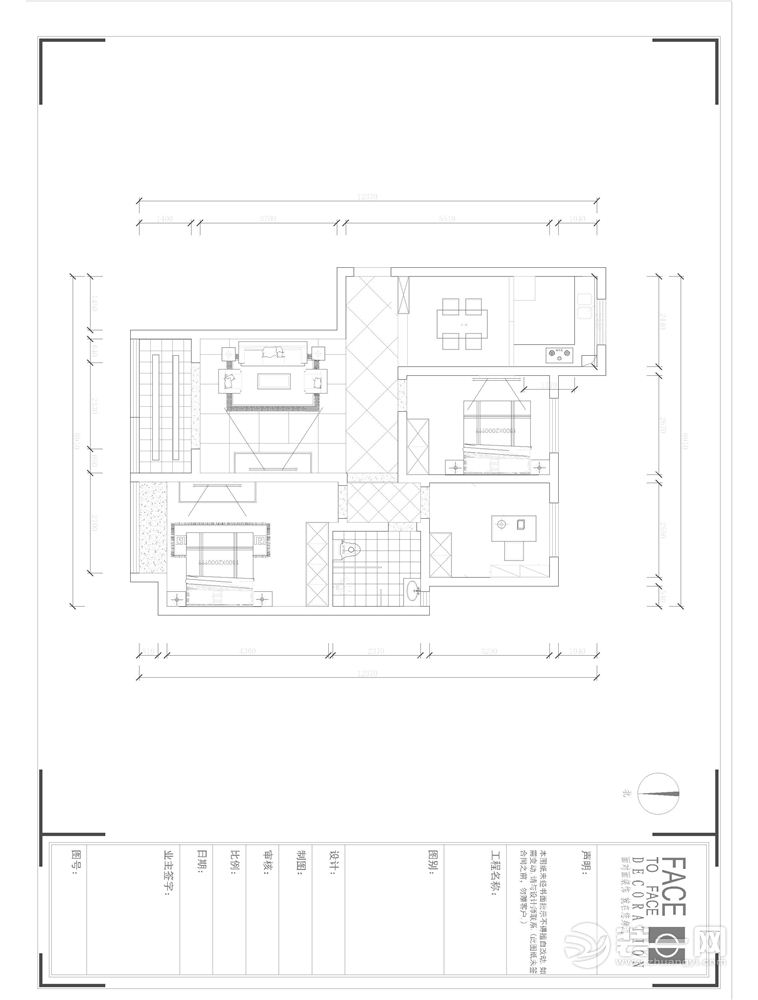 郑州尚东郡130平三居室现代简约装修风格平面布置效果图