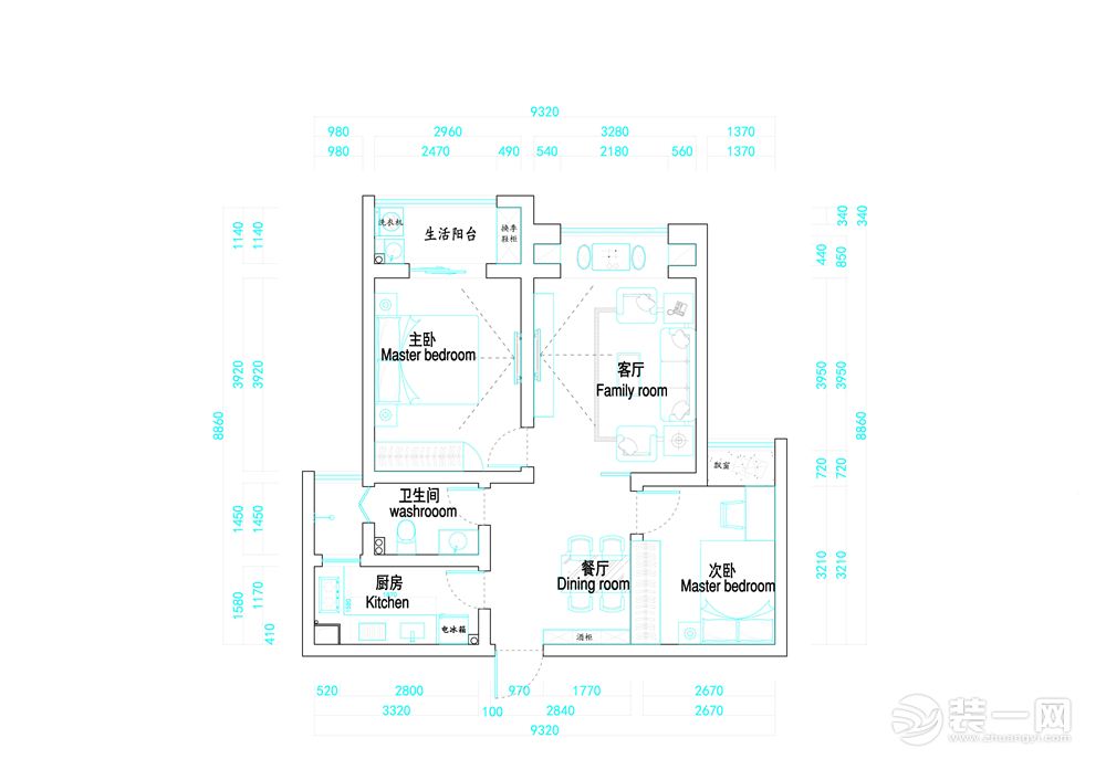 郑州鑫苑世纪东城89平两居室简欧风格平面布局户型图展示