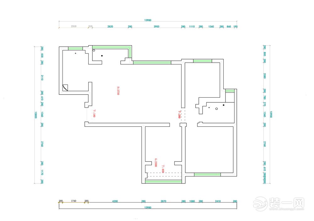 郑州正弘山旧房改造100平二居室欧式风格 原始结构户型图展示