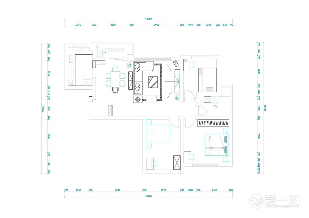 郑州正弘山旧房改造100平二居室欧式风格 平面布局户型图展示