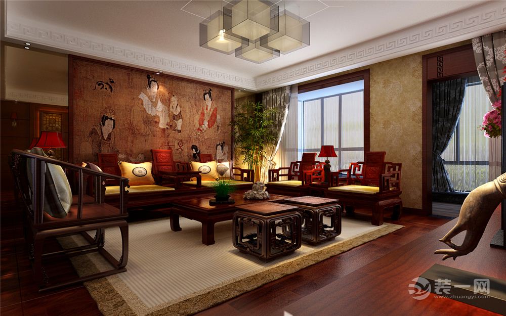 郑州正商蓝钻古典中式130 平四居室中式风格装修沙发背景墙效果图