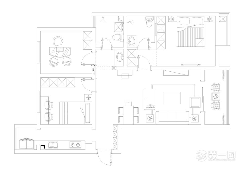 郑州正商城泰园148平三居室混搭式平面布局效果图