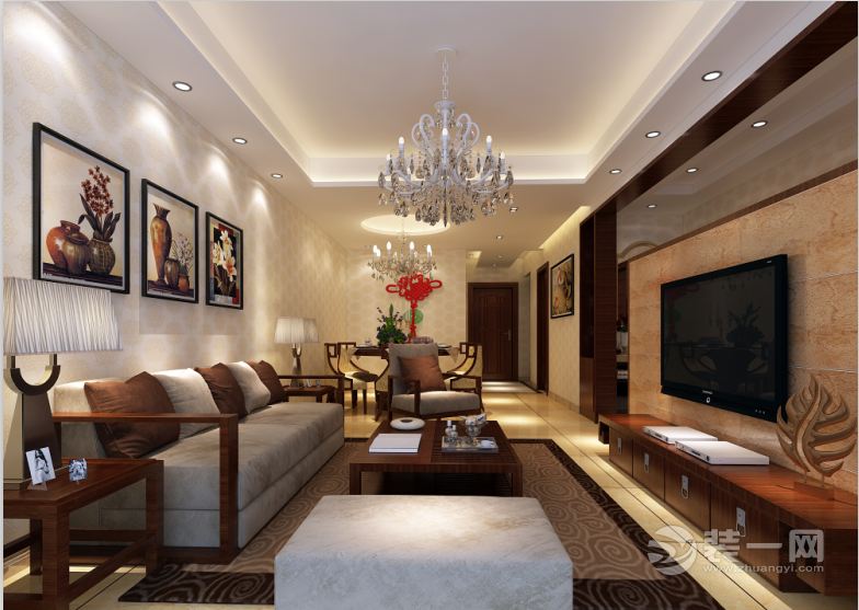 郑州紫荆华庭案例160平三居室中式风格装修客厅