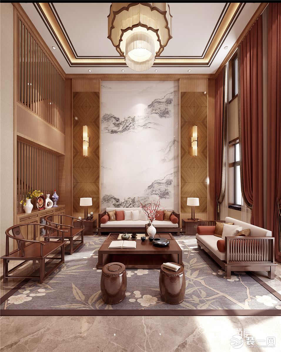 客厅效果图，尚层别墅装饰龙湖源著250平新中式风格案例