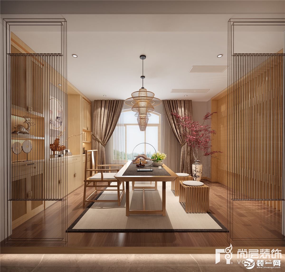 茶室效果图，尚层别墅装饰龙湖源著250平新中式风格案例