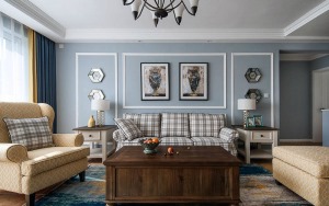 118平三居室现代美式风格沙发背景墙装修效果图