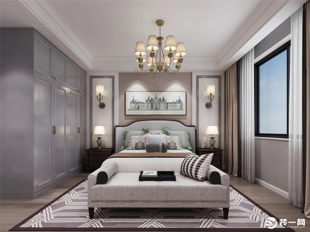 主卧的大床在色调上与背景墙相协调，耳翼造型的床头给人包围感，整体很温馨又显示出独特的时髦感。对称的床