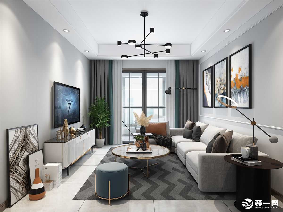客厅空间是以功能结合舒适性为主，整体家具选择了屋主喜爱的灰色调和皮质元素！