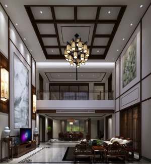 别墅设计-克拉水城-中式风格-客厅效果图
