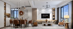 客餐厅一体化设计让整体空间的视觉感更为通透敞亮。大幅印象挂画落地而栖，镜面金属嵌入时尚感，古典与现代