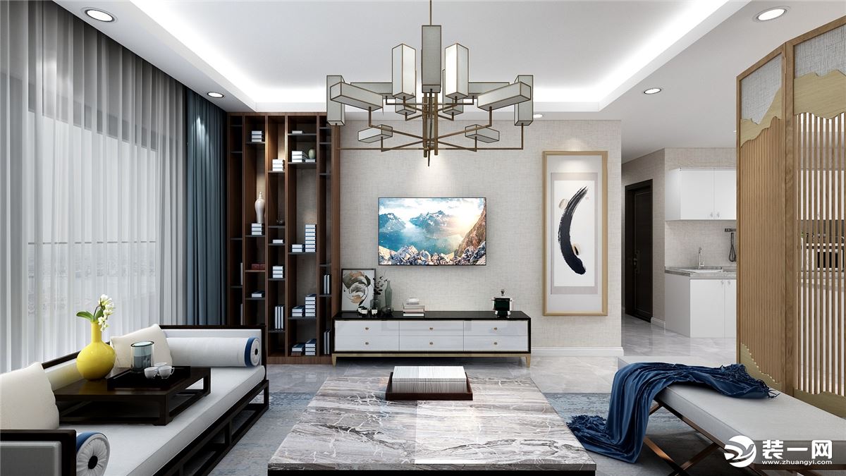 客厅采用简洁的直线条，空间具有层次感。既使得中式家具古典、质朴的内涵显现，又符合现代人追求的实用性。
