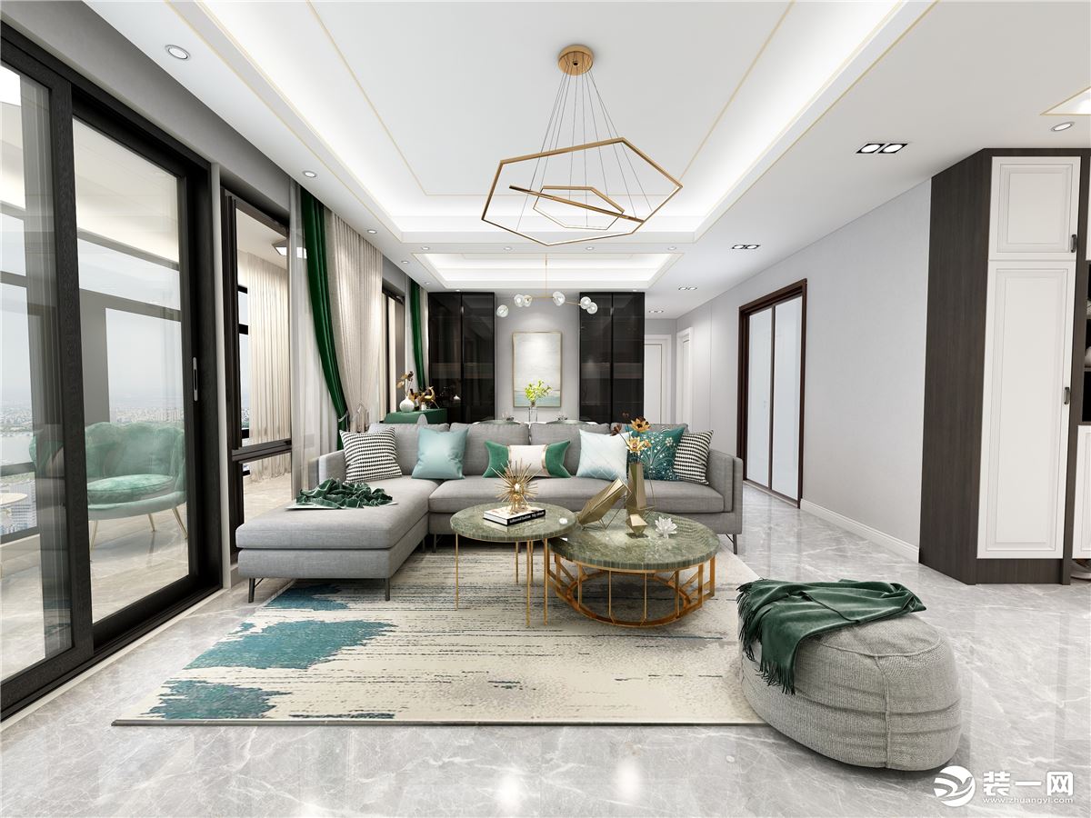 客厅看似简单的线条，其实具有设计师独特的创意和想法。绿色为主色调，看上去清新舒服。