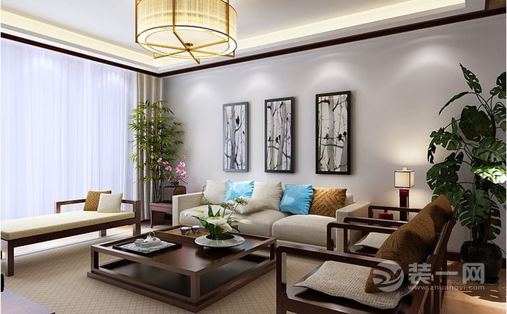 137平方新中式客厅沙发背景装修效果图