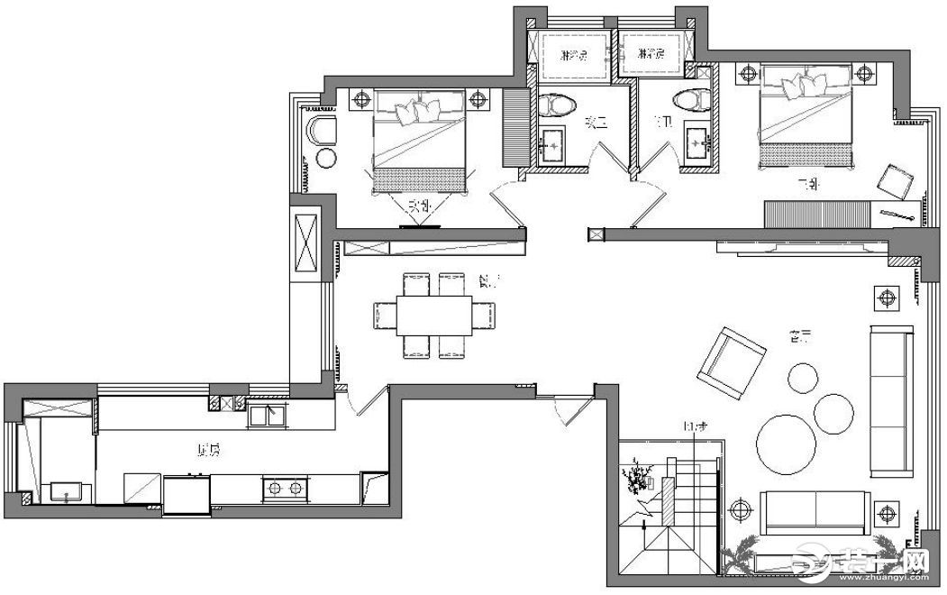 一楼动静区划分明显，使得客厅的空间得到很大的提升。厨房进深大，开间小，设计师采用平行式的设计，提升了