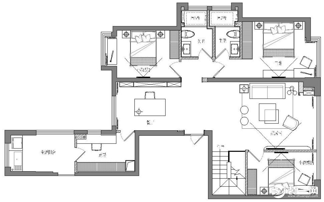 二楼相较于一楼的不同在于下半区，客厅空间压缩后，多余的空间做成了一间卧室，厨房区域则变为了书房和生活