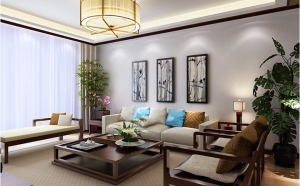 137平方新中式客厅沙发背景装修效果图