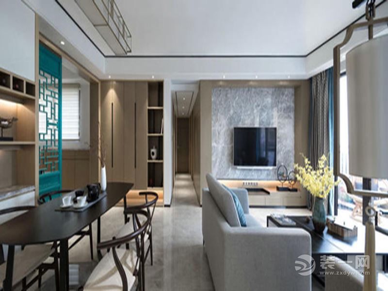 客厅以闲适的现代中式风格装修搭配，电视墙上的大理石，搭配在这个现代禅意的空间内，显示出独特优雅的高档