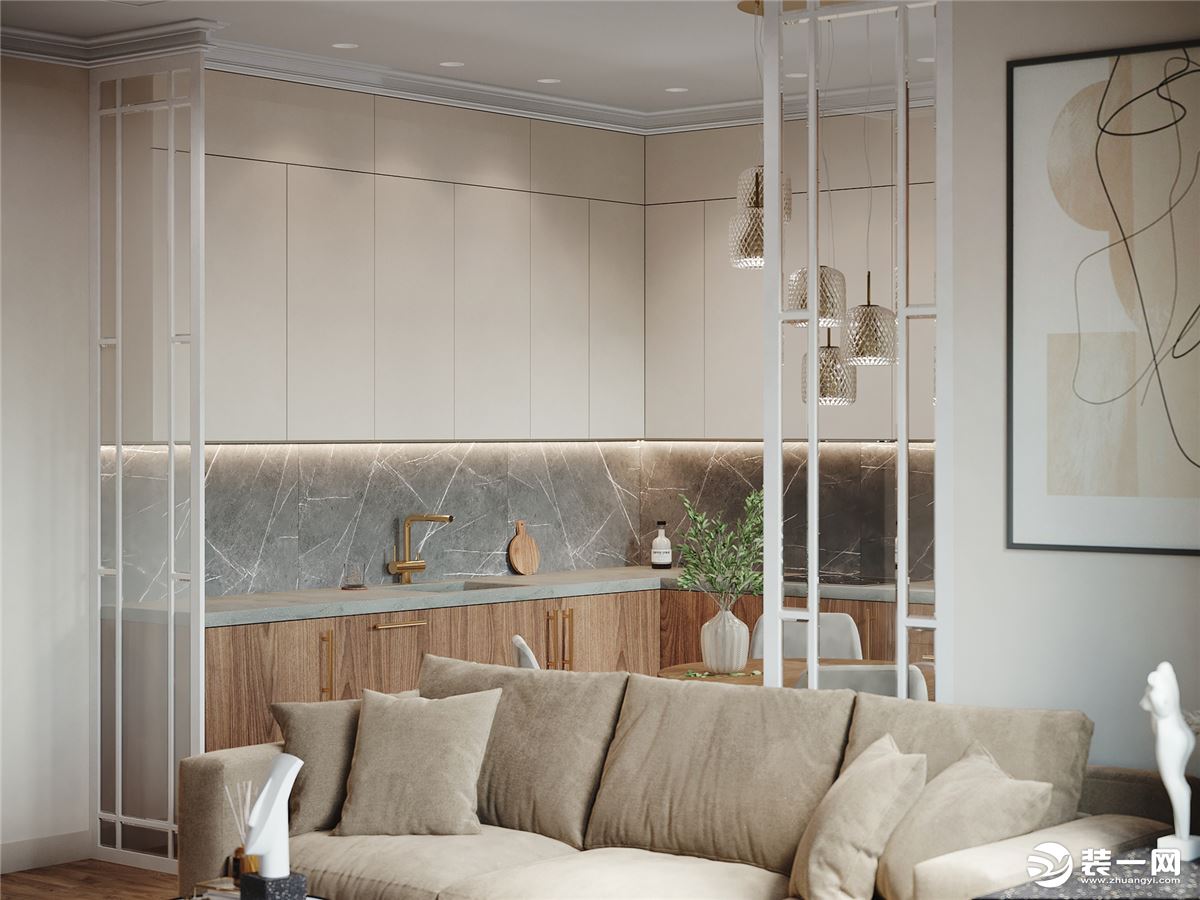 整体空间以暖色调为主，米色的沙发搭配背景墙上的线条画框，艺术简约展现线条感