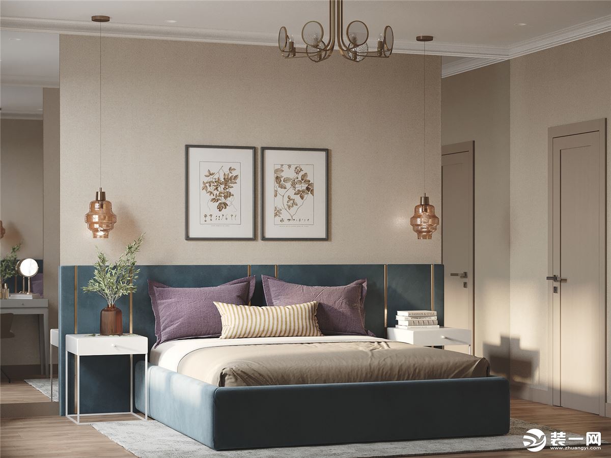 卧室延续整体的风格，米色的整体，搭配上黄铜的装饰，床尾的梳妆台，小巧精妙。