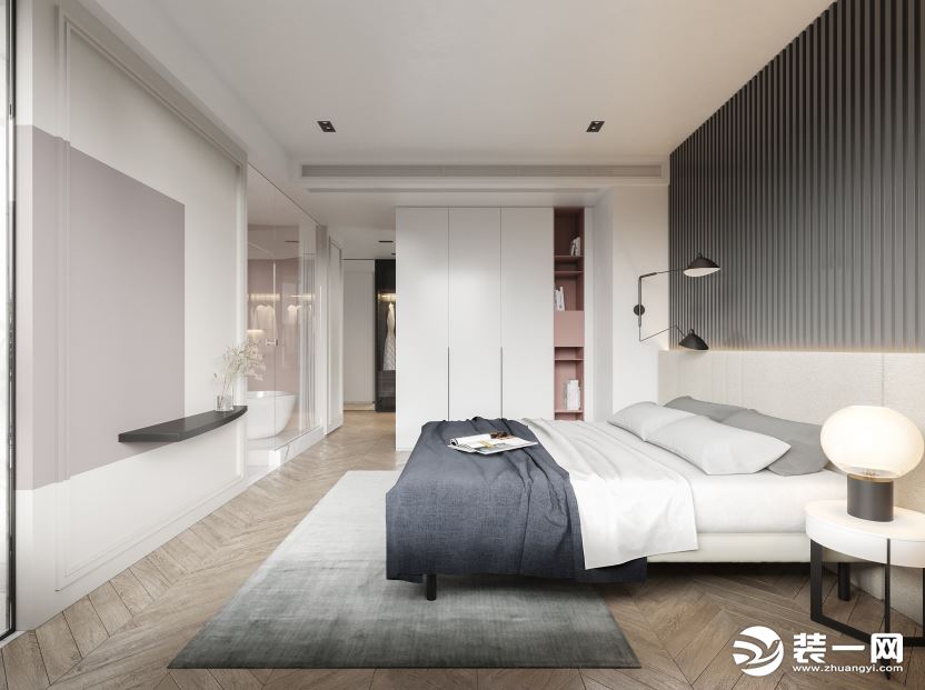 卧室没有过多的搭配，白色与灰色的搭配，加入粉色的点缀，增添了一丝优雅浪漫。