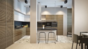 半开放式的厨房，空间流动站和静谧和谐的气韵，胡桃木质感的柜体墙面连贯一体，吧台的搭配，增加了空间的实