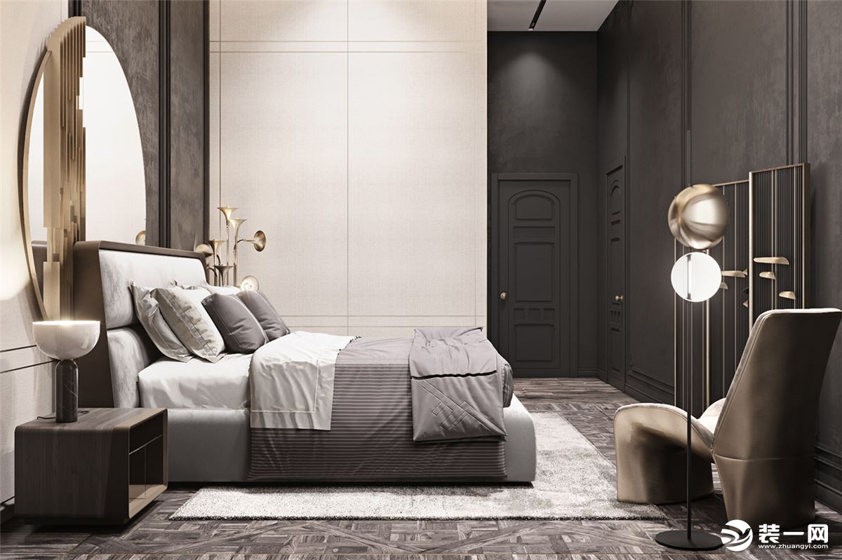 卧室黑白色彩相互的搭配，黄铜的装饰，品质、美丽，是轻奢的点缀。