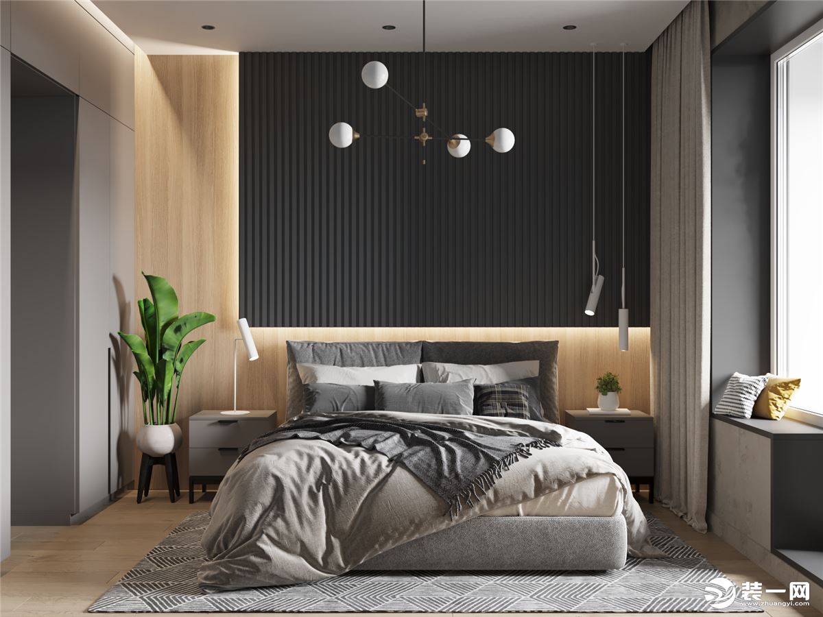 主卧的吊灯烘托卧室氛围，简单干净的空间让人更舒适更有睡意。