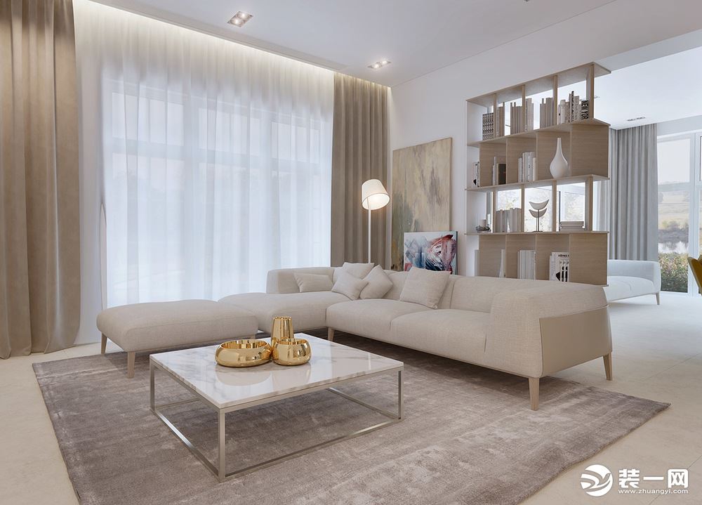 客厅以白色为基础色，柔软舒适的布艺沙发与木质的搭配，赶感受到温暖与放松。