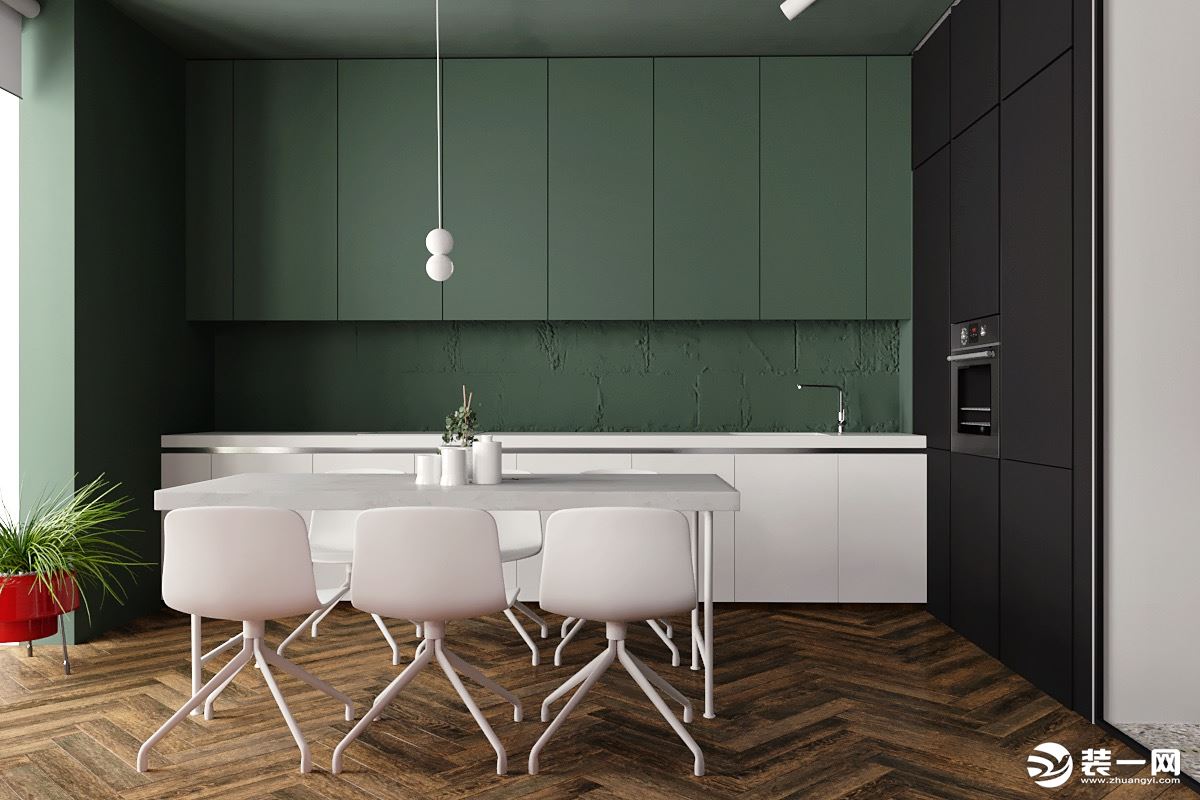 厨餐厅的设计，简单的六人位，复古绿的厨房背景色，是空间的亮点，优雅时尚在空间展现。