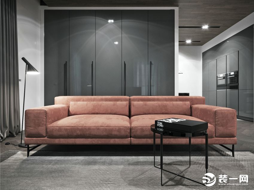 整体空间黑白灰三色的搭配，锈红色的绒面沙发在空间中展现不一样的时尚的感，时尚舒适的结合。