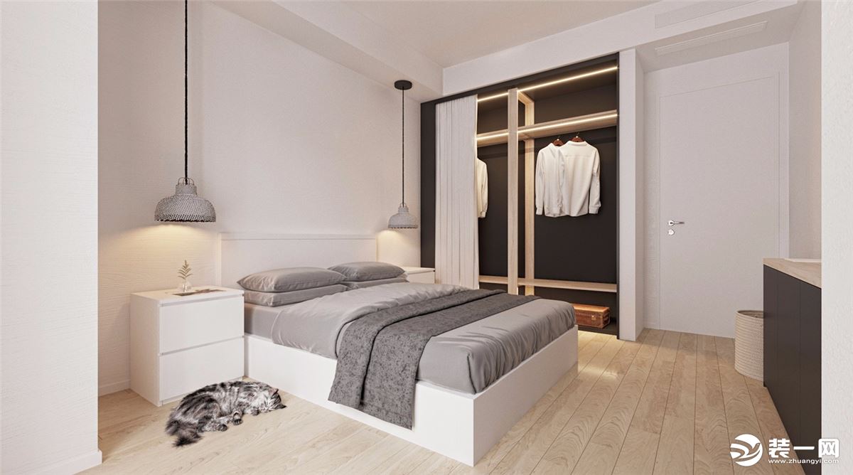 卧室黑/白/灰/原木色的搭配，卧室衣柜使用的滑动帘设计，灯带的搭配，时尚动感。