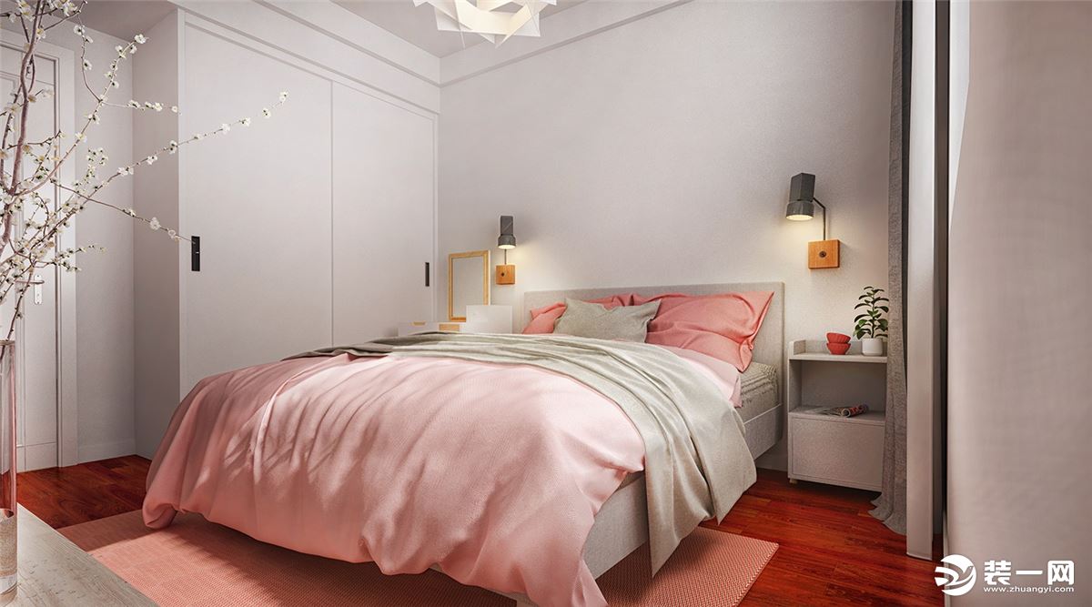 卧室白色的基底色，亮色的搭配，艳丽非凡，床头旁小小的梳妆台搭配，
