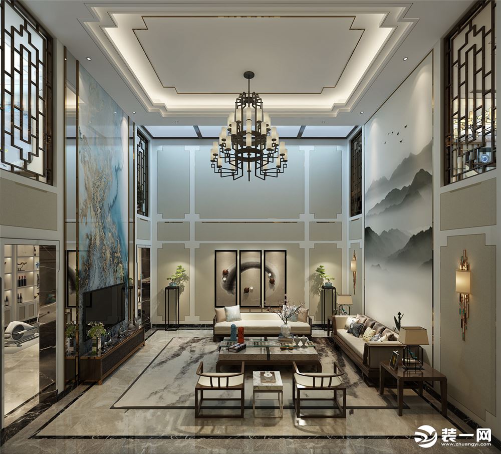 上海山水桃源别墅450平现代中式风格客厅装修效果图