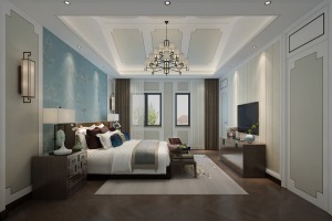 上海山水桃源别墅450平现代中式风格卧室装修效果图