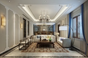 上海山水桃源别墅450平现代中式风格会客厅装修效果图