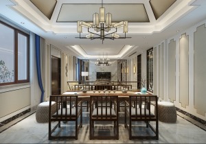 上海山水桃源别墅450平现代中式风格餐厅装修效果图