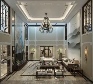 上海山水桃源别墅450平现代中式风格客厅装修效果图