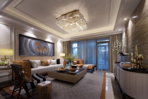 165平三居室简欧风格20.5万客厅吊灯沙发背景墙装修效果图