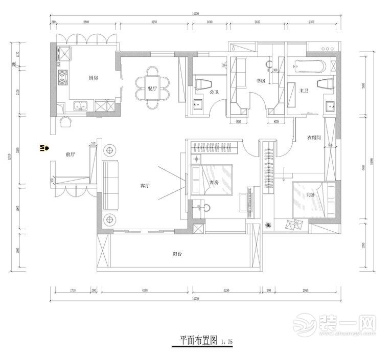 广州富力天禧78平米两居室现代简约平面布置图