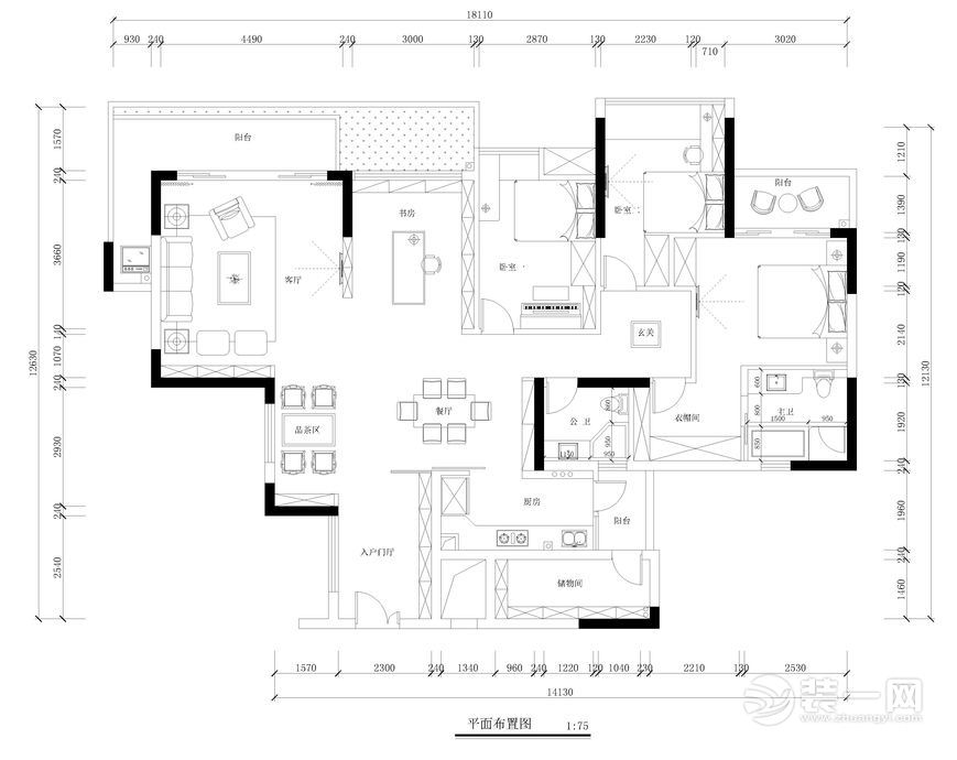 广州星汇文瀚154平米三居室现代风格平面布置图